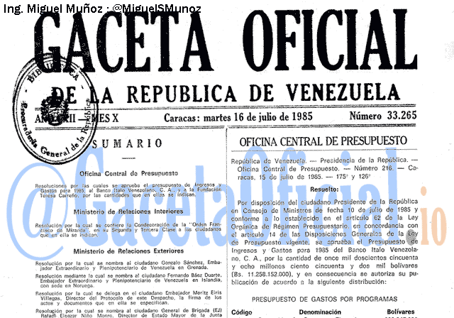 Gaceta Oficial 33265 del 16 Julio 1985
