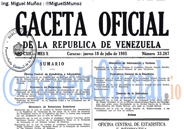 Gaceta Oficial 33267 del 18 Julio 1985