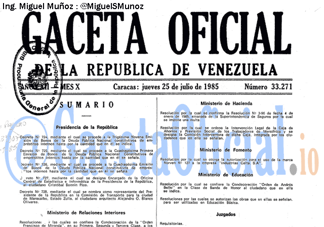 Gaceta Oficial 33271 del 25 Julio 1985