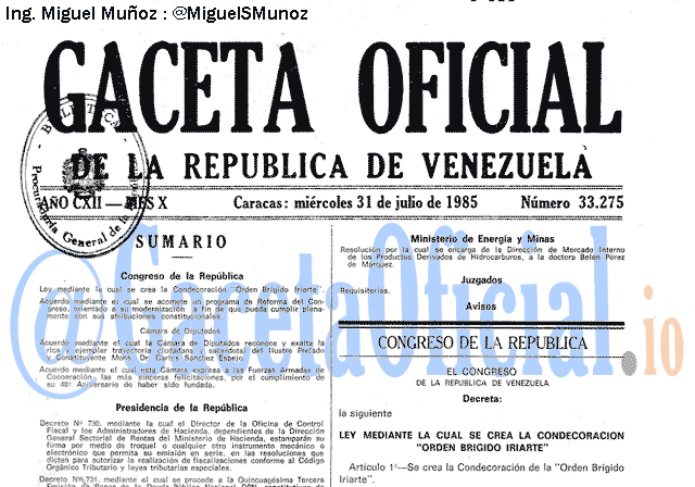 Gaceta Oficial 33275 del 31 Julio 1985