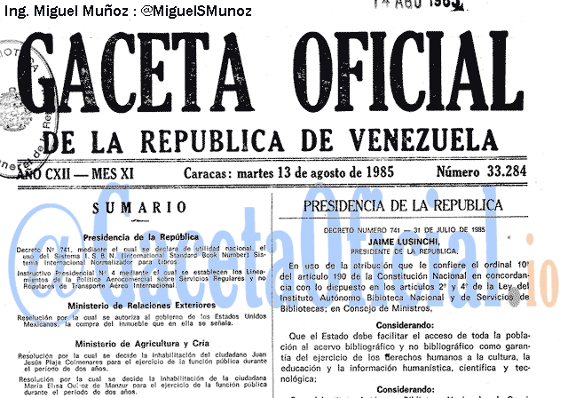 Gaceta Oficial 33284 del 13 Agosto 1985