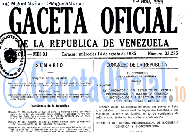 Gaceta Oficial 33285 del 14 Agosto 1985