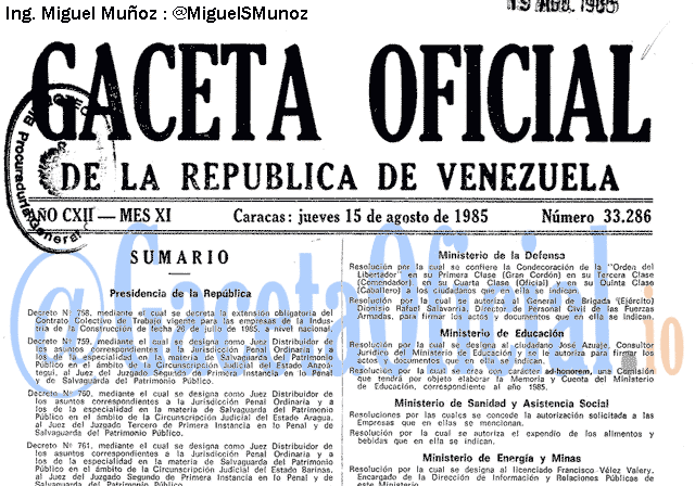 Gaceta Oficial 33286 del 15 Agosto 1985