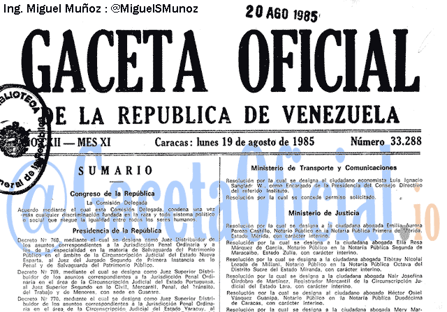 Gaceta Oficial 33288 del 19 Agosto 1985