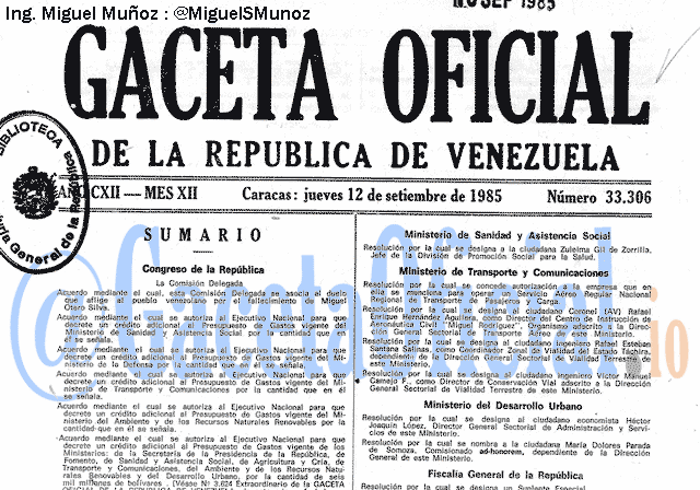 Gaceta Oficial 33306 del 12 Septiembre 1985