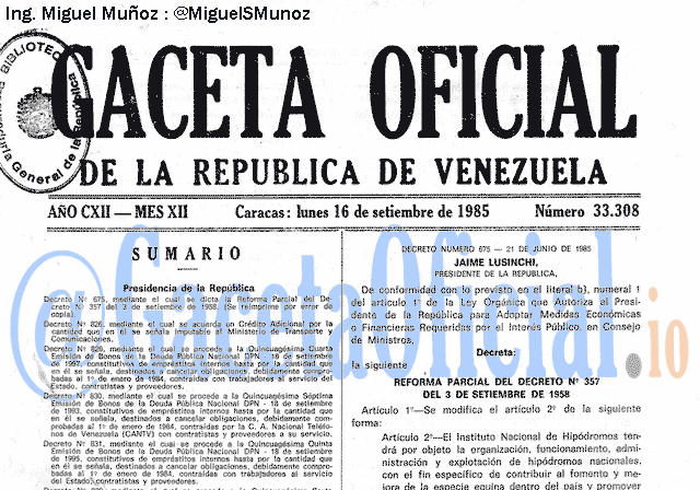 Gaceta Oficial 33308 del 16 Septiembre 1985