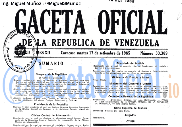 Gaceta Oficial 33309 del 17 Septiembre 1985