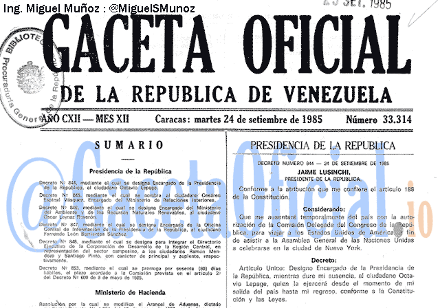 Gaceta Oficial 33314 del 24 Septiembre 1985