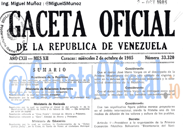 Gaceta Oficial 33320 del 2 Octubre 1985