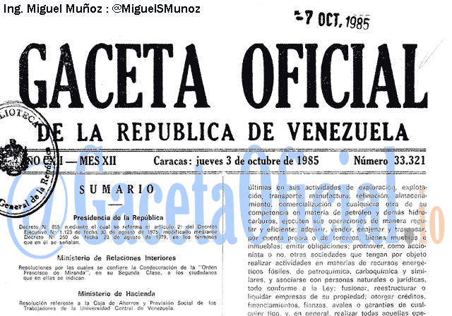 Gaceta Oficial 33321 del 3 Octubre 1985