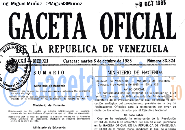Gaceta Oficial 33324 del 8 Octubre 1985