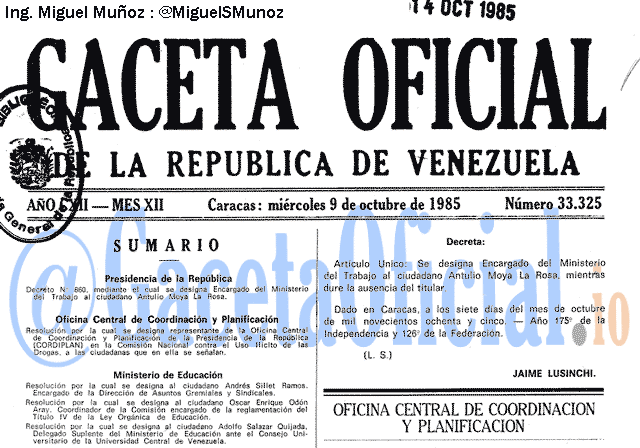 Gaceta Oficial 33325 del 9 Octubre 1985