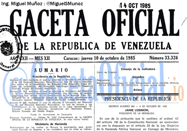 Gaceta Oficial 33326 del 10 Octubre 1985