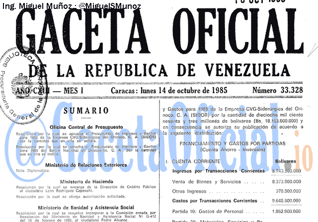 Gaceta Oficial 33328 del 14 Octubre 1985