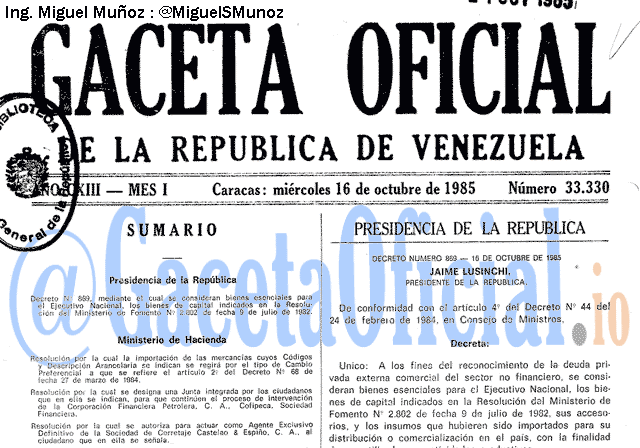 Gaceta Oficial 33330 del 16 Octubre 1985