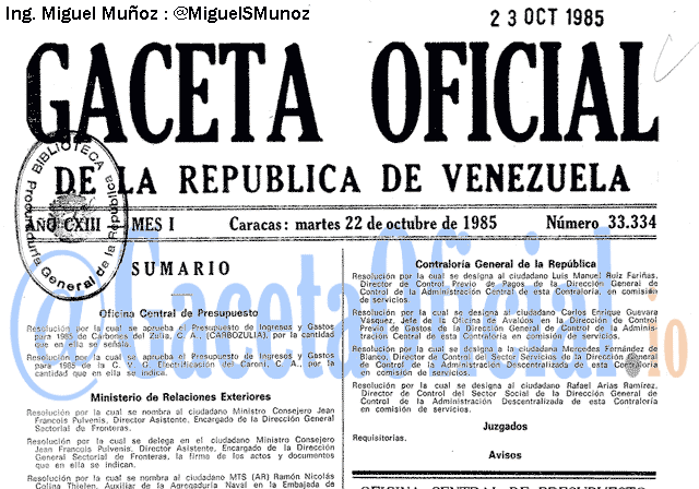 Gaceta Oficial 33334 del 22 Octubre 1985