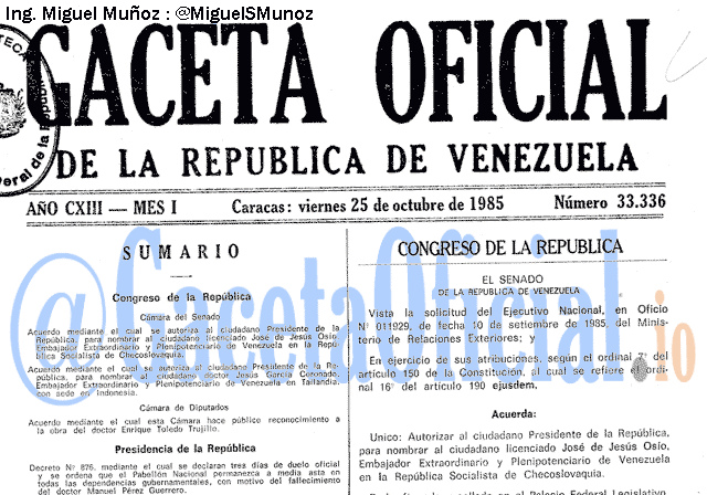 Gaceta Oficial 33336 del 25 Octubre 1985