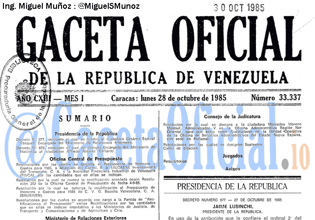 Gaceta Oficial 33337 del 28 Octubre 1985