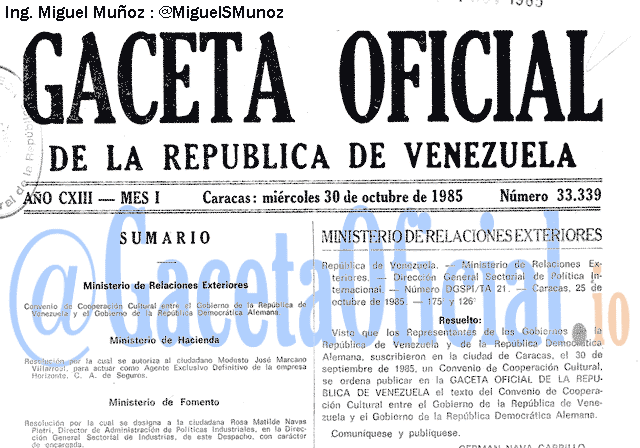 Gaceta Oficial 33339 del 30 Octubre 1985