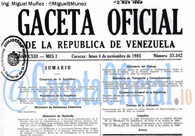 Gaceta Oficial 33342 del 4 Noviembre 1985