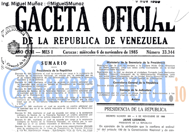 Gaceta Oficial 33344 del 6 Noviembre 1985
