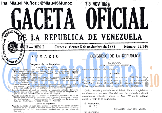 Gaceta Oficial 33346 del 8 Noviembre 1985