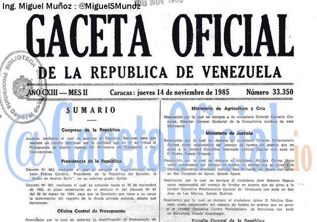 Gaceta Oficial 33350 del 14 Noviembre 1985