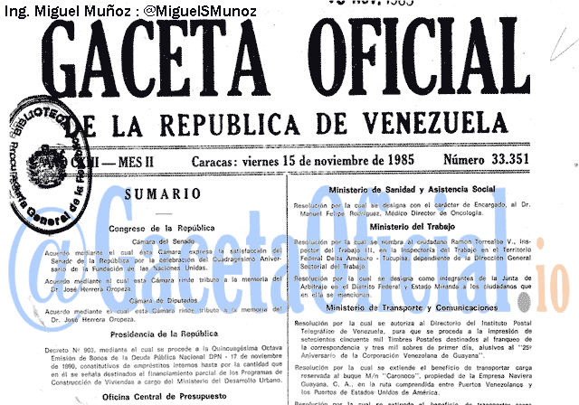 Gaceta Oficial 33351 del 15 Noviembre 1985