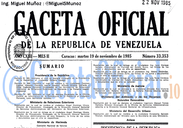 Gaceta Oficial 33353 del 19 Noviembre 1985