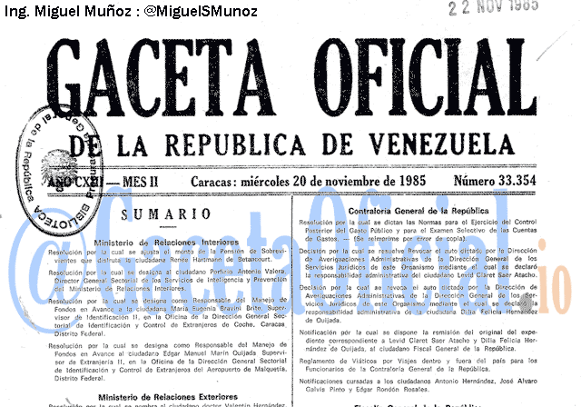 Gaceta Oficial 33354 del 20 Noviembre 1985