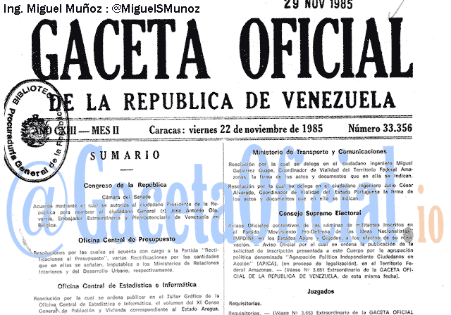 Gaceta Oficial 33356 del 22 Noviembre 1985