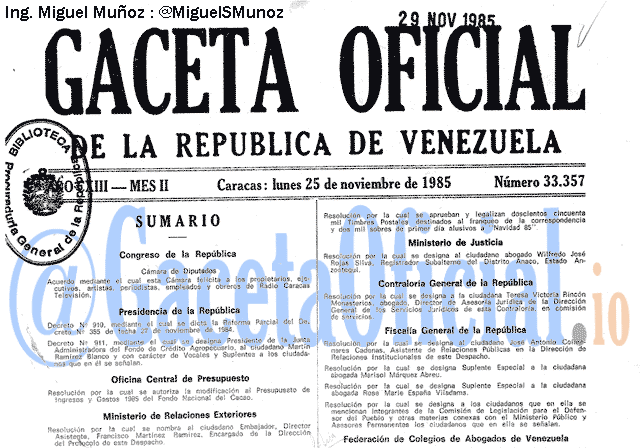Gaceta Oficial 33357 del 25 Noviembre 1985