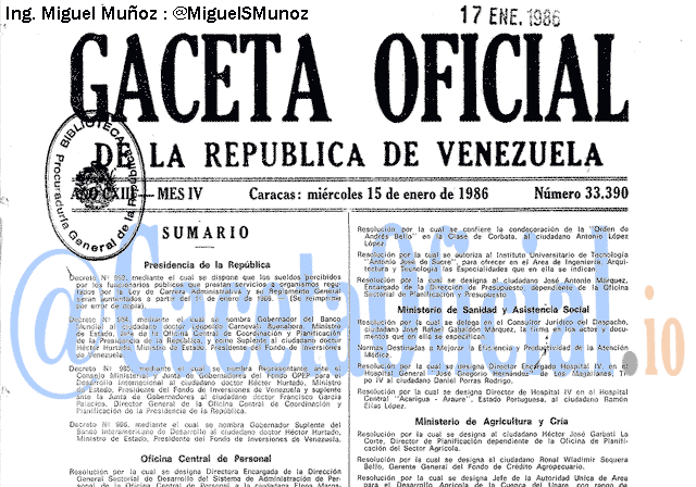 Gaceta Oficial 33390 del 15 Enero 1986