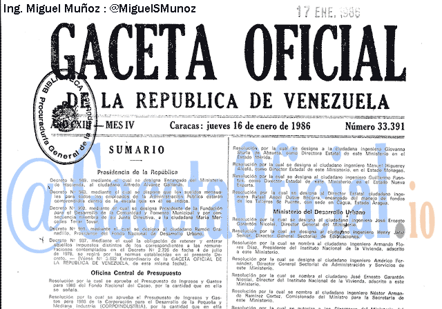 Gaceta Oficial 33391 del 16 Enero 1986