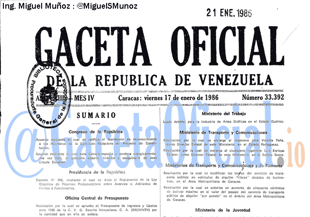 Gaceta Oficial 33392 del 17 Enero 1986