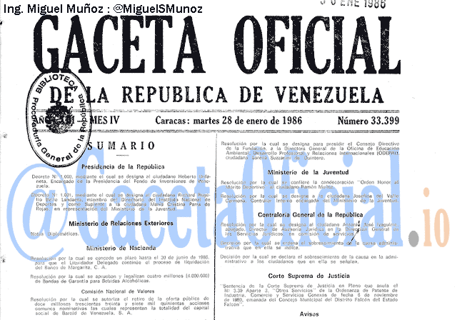 Gaceta Oficial 33399 del 28 Enero 1986