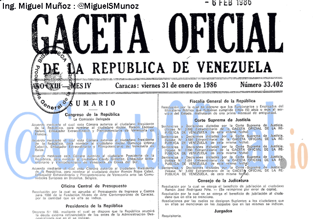 Gaceta Oficial 33402 del 31 Enero 1986