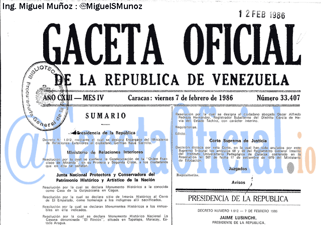 Gaceta Oficial 33407 del 7 Febrero 1986