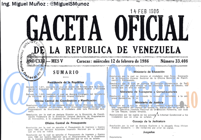 Gaceta Oficial 33408 del 12 Febrero 1986