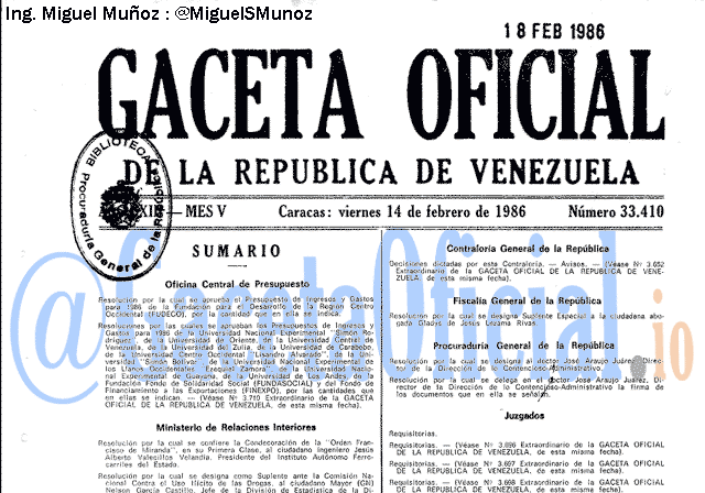 Gaceta Oficial 33410 del 14 Febrero 1986