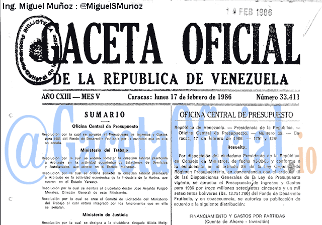 Gaceta Oficial 33411 del 17 Febrero 1986