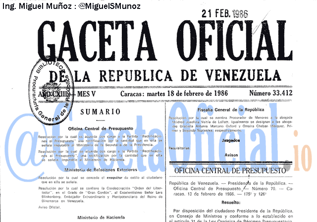Gaceta Oficial 33412 del 18 Febrero 1986