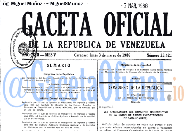 Gaceta Oficial 33421 del 3 Marzo 1986
