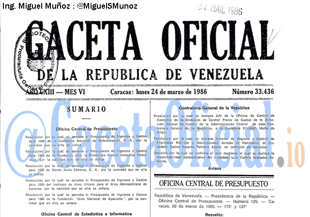 Gaceta Oficial 33436 del 24 Marzo 1986