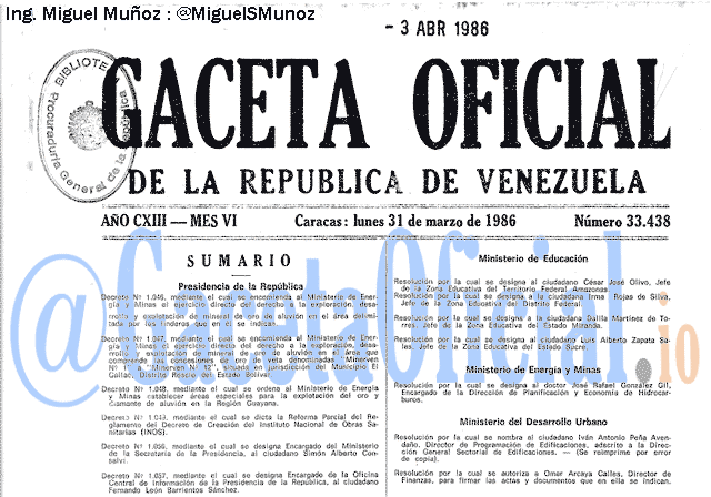 Gaceta Oficial 33438 del 31 Marzo 1986
