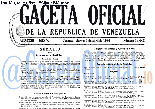 Gaceta Oficial 33442 del 4 Abril 1986
