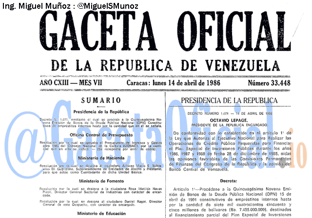 Gaceta Oficial 33448 del 14 Abril 1986