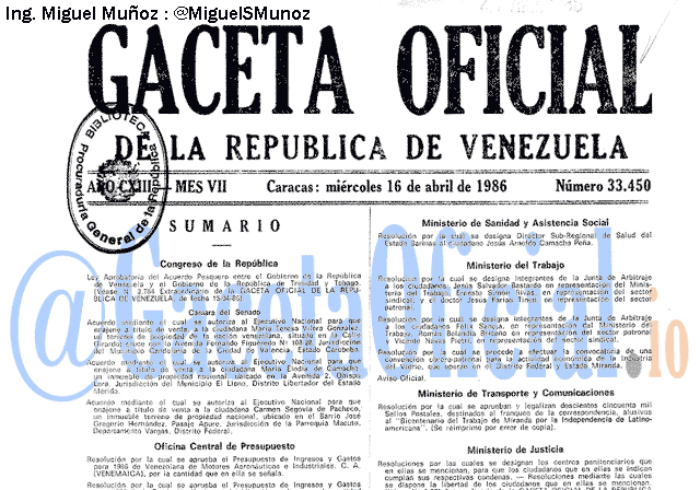 Gaceta Oficial 33450 del 16 Abril 1986