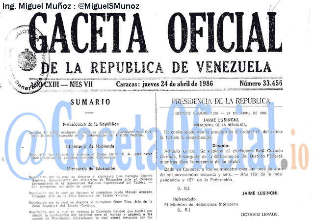 Gaceta Oficial 33456 del 24 Abril 1986