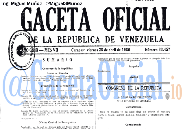 Gaceta Oficial 33457 del 25 Abril 1986